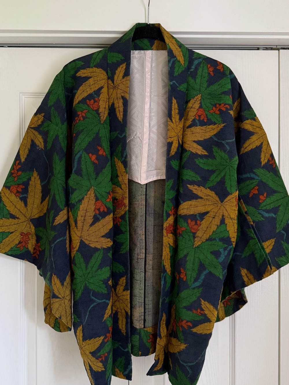 Vintage Leaf Print Open Front Fine Wool Kimono - Childs Jacket - Women XS